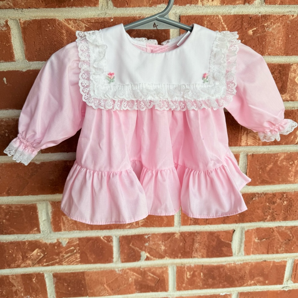Vintage Pink Ruffled Baby Dress with Lace Trim
